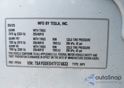 2026 Tesla Model Y Long Range Dual Motor All-Wheel Drive from USA, damaged, VIN 7SAYGDED4TF374833